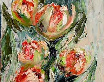 Peony schilderij bloemen originele kunst 6 bij 6 inch Impasto bloem artwork olieverfschilderij