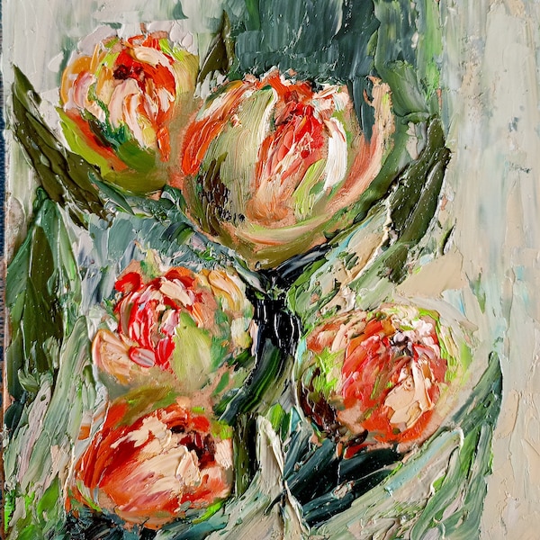 Peonía pintura floral arte original 6 por 6 pulgadas Impasto flor arte pintura al óleo