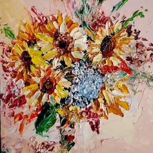 Sonnenblume Impasto Ölgemälde: Blumen Original Gemälde, 15x15 cm