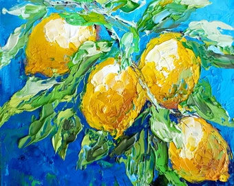 レモンの静物画、板に描いたオリジナルの油絵、フルーツの壁アート