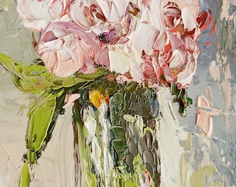 Pivoine, peinture florale originale 3,5 x 6 pouces, empâtement, peinture à l'huile, oeuvre d'art floral