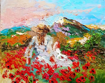 Woman Painting Landscape Original Art 6 by 6 Inches Poppy Impasto Oil Painting Floral Artwork