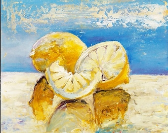 レモンリキュールの絵画：オリジナルインパスト油彩静物画、イタリア