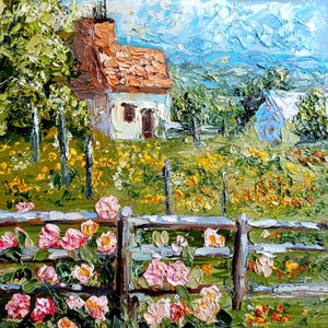 Irisches Cottage Malerei: Original Impasto Öl Landschaftskunst (20x20cm)