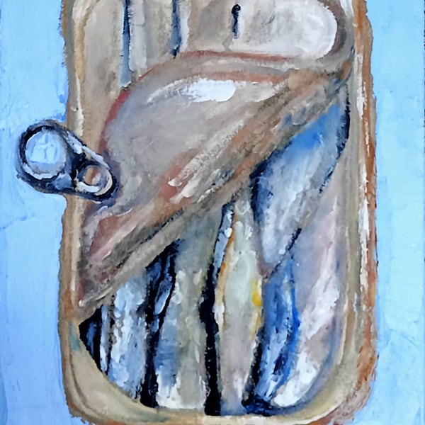 Sardine Painting Food Original Art 6 by 4 Inches Impasto Oil Painting Sardines in a Jar Fish Original Artwork by Olga Vedyagina