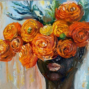 Original Black Woman Oil Painting: Faceless Portrait with Ranunculus Flowers