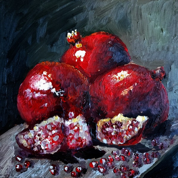 Granatapfel-Gemälde, Obst, Original-Kunst, 15 x 15 cm, pastoses Ölgemälde auf Holz