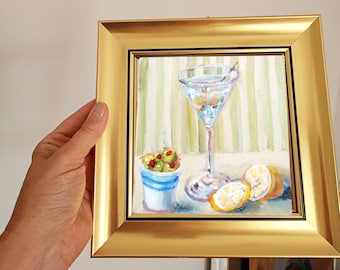 Martini Still Life Oil Painting • 5x5" Cocktail Art with Olives & Lemons