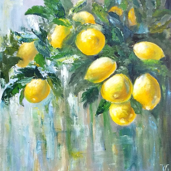 Lemon Painting Fruit Original Art Impasto  Oil Painting on Canvas 20 by 20 Inches Tree Artwork by Olga Vedyagina