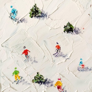 May include: A white textured background with a painting of several people in different coloured clothing snowboarding down a snowy hill. The painting is done in a loose, impressionistic style.