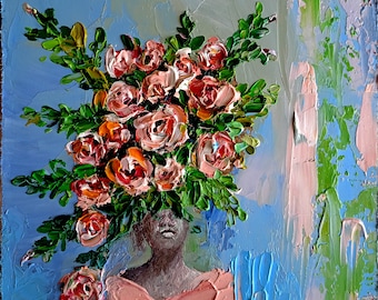 Floral Faceless Woman Painting: Impasto Rose Artwork, 6x6 Original Art