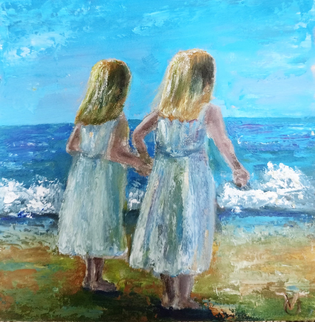 Two Sisters Painting Seascape Original Art 6 By 6 Miniature Oil Artwork