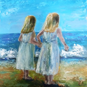 Sisters on the Beach: Miniature Seascape Oil Painting 6x6