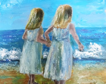 Sisters on the Beach: Miniature Seascape Oil Painting 6x6