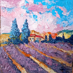 Tuscany Lavender Field Painting: Impasto Oil Landscape Art (6x6)