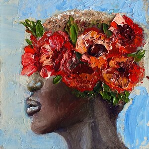 Black American Woman Portrait Painting Poppy Original Art 6 by 6 İnches Floral Oil Painting Faceless Wall Art by Olga Vedyagina image 10