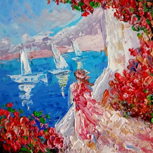 Seascape Oil Painting: Woman with Sailboats, Impasto Art (6x6 inches)