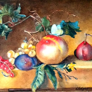 Peach Still Life Painting: Plum & Redcurrant Original Art, 12x10 Canvas