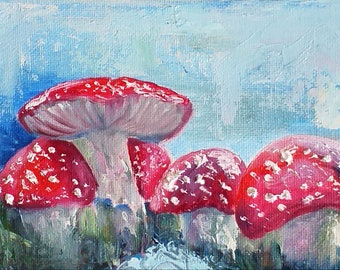 Fly Agaric Painting Mushroom Orijinal Art Landscape Impasto Painting 5 by 7 İnches Small Artwork Foraging Painting by Olga Vedyagina