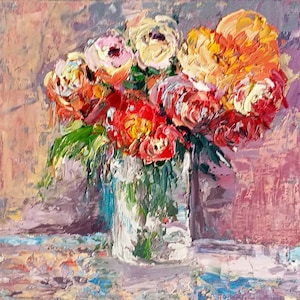 Peony Painting Floral Original Art 6 by 6 Inches Impasto Flower Oil Painting Artwork For Order