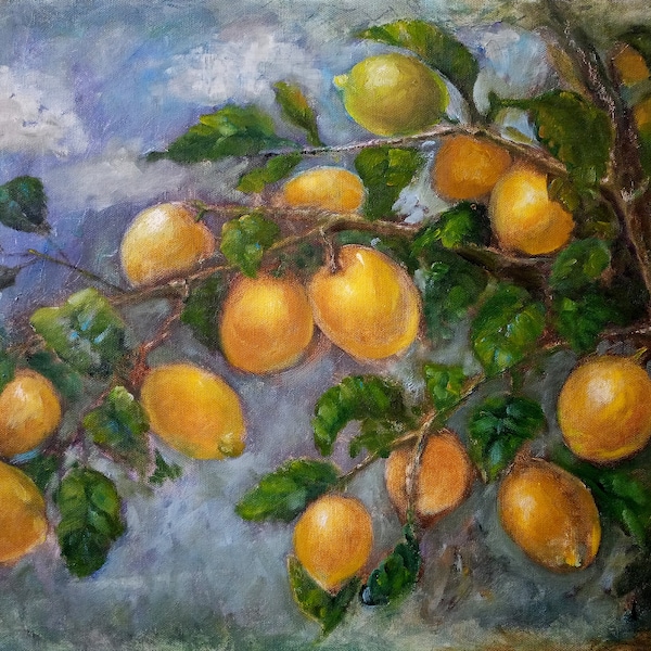 Lemon Painting Fruit Original Art 16 by 24 Inches Tree Oil Painting on Canvas