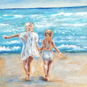 Sisters Seascape Oil Painting: Kids on Beach, Original Art (6x6 Inches)