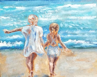 Sisters Seascape Oil Painting: Kids on Beach, Original Art (6x6 Inches)