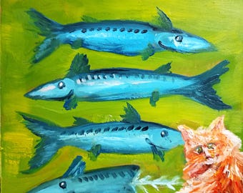 Funny Ginger Cat and Fish Painting, Whimsical Animal Wall Art