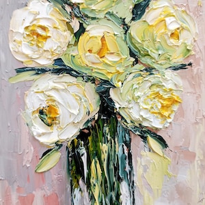Impasto White Peony Oil Painting Floral Still Life Original Art 3.5 by 6  Inches Artwork