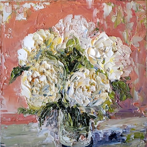 Peony Painting Floral Original Art 6 x 6 Inches Flower in Vase Impasto Oil Artwork For Order