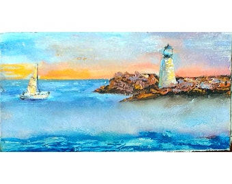 Santa Cruz Lighthouse Painting: California Coastal Art, Morning Fog, 4x6 Impasto OlgaartTR