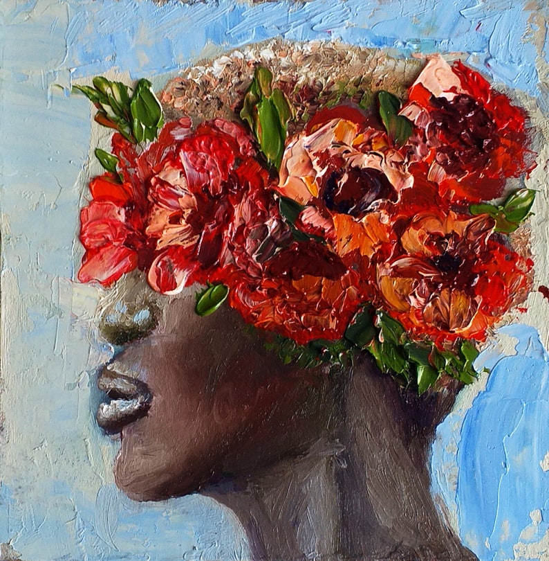 Black American Woman Portrait Painting Poppy Original Art 6 by 6 İnches Floral Oil Painting Faceless Wall Art by Olga Vedyagina image 1