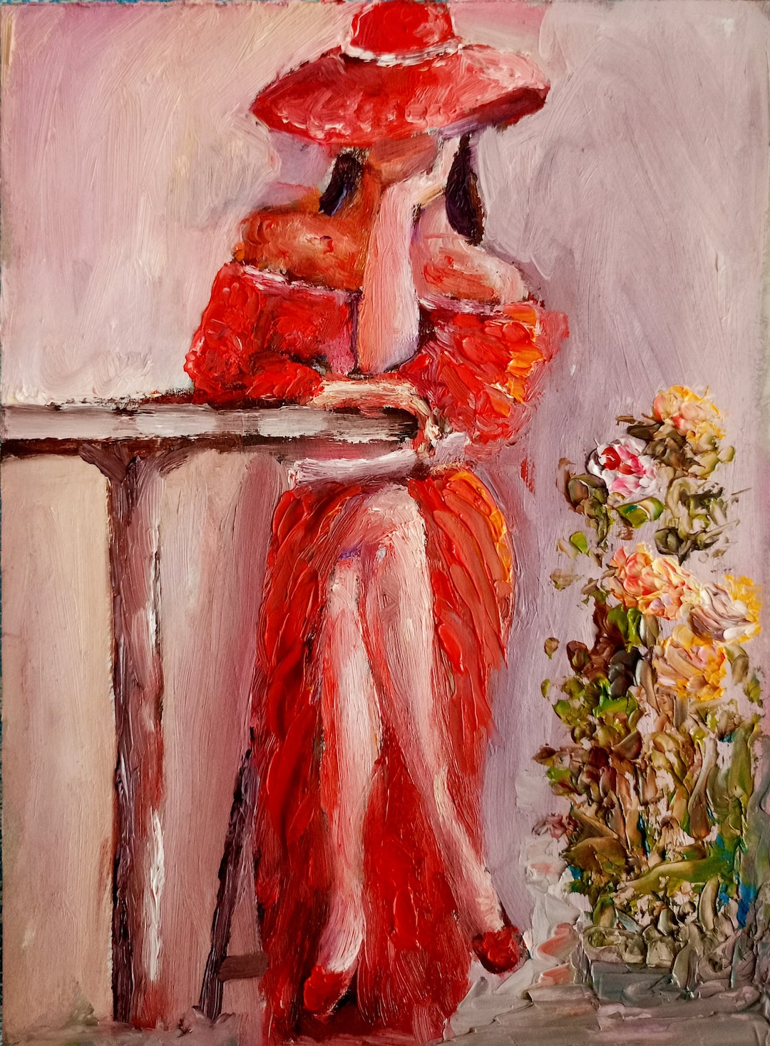 Lady in Red Dress Painting Woman Original Art Flower Artwork Impasto 16 — free download