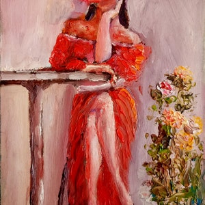Lady in Red Dress Painting Woman Original Art Flower Artwork Impasto 16 by 20 Inches Rose Original Painting on Canvas for Order
