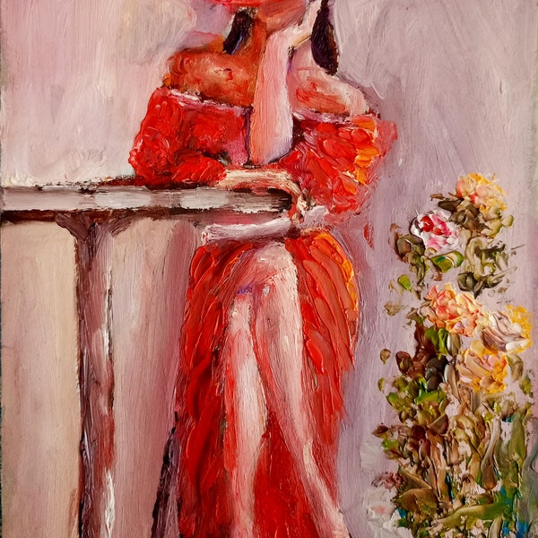 Dame im roten Kleid Malerei Frau Original Kunst Blumen Kunstwerk Impasto 6 von 8 Zoll Rose Originale Gemälde