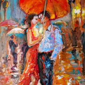 Romantic Lovers Oil Painting: Impasto Cityscape Art, 20x10 Inches