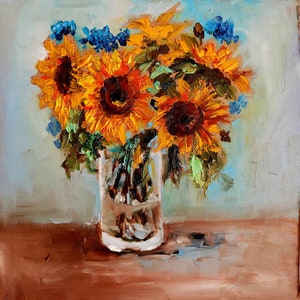 Sonnenblumen Ölgemälde: Floral Impasto Kunst, 15x15cm