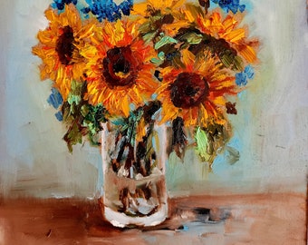 Sunflower Painting Floral Original Art 6 by 6 Inches Flower Impasto Oil Painting