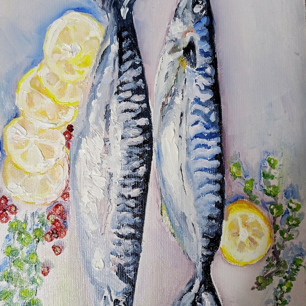 Sardine Painting Fish Original Art 7 by 9,5 Inches  Food Original Painting Lemon Artwork