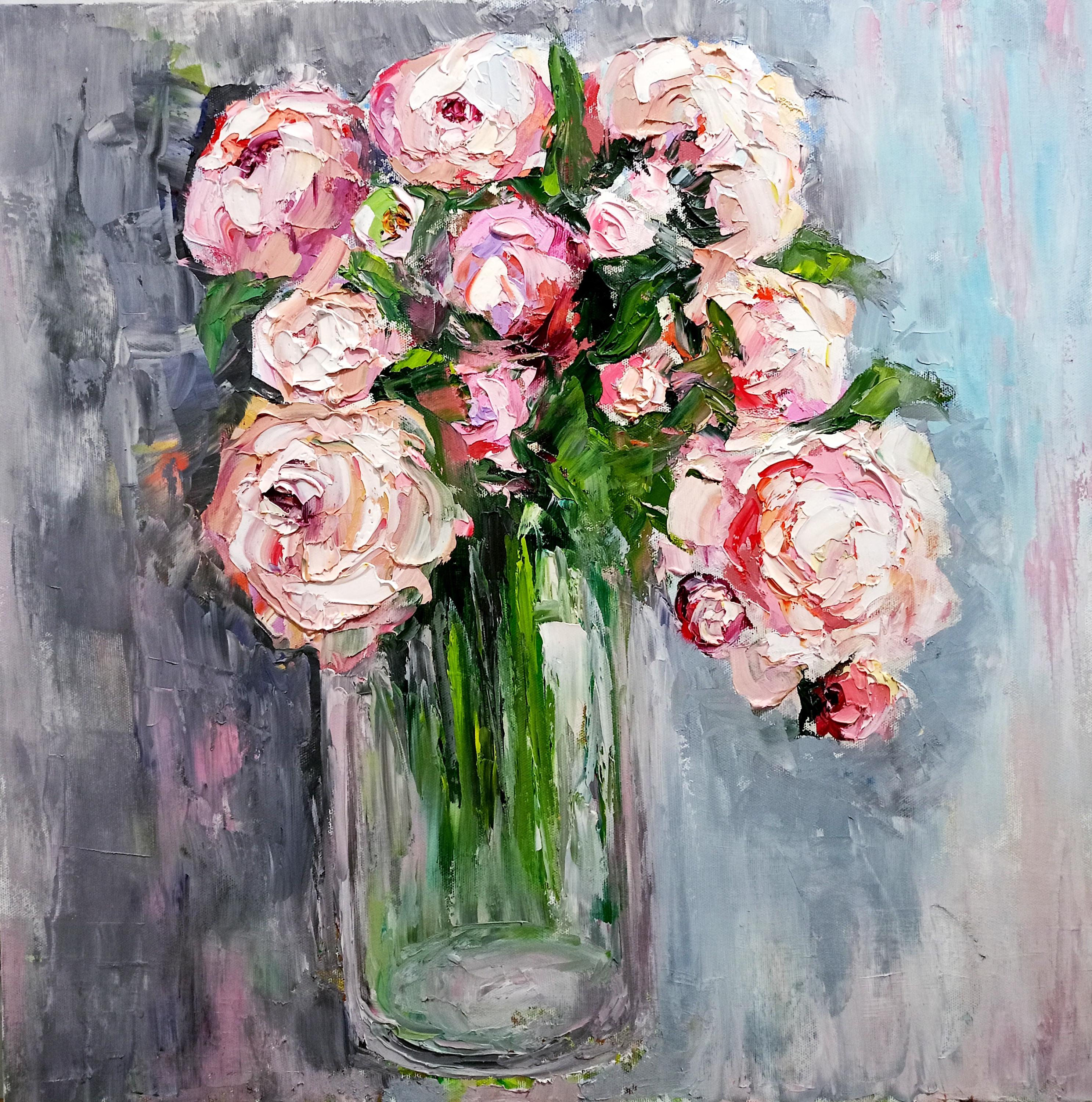 Peony Impasto Oil Painting: Floral Still Life on Canvas, 20x20