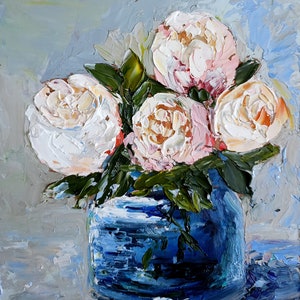 Peony Painting Floral Original Art 6 by 6 Inches Impasto Oil Painting Flower Artwork