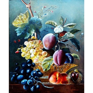 Original Fruit Still Life Oil Painting: Peach & Grape Art (20x16 Canvas)