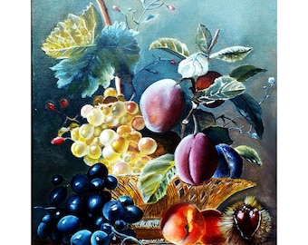 Fruit Painting Still Life Original Art 20 by 16 Canvas Oil Painting Grape Art Peach Painting by Olga Vedyagina