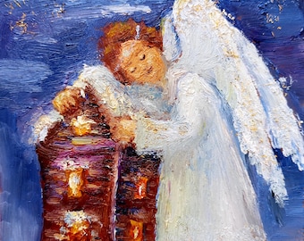 Christmas Angel Oil Painting: Guardian Angel Art, Gold Details (5x4 Inches)