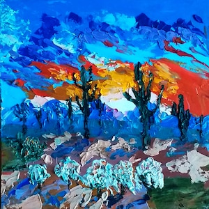 Saguaro Cactus Painting: Arizona Desert Sunrise, Impasto Small Wall Art