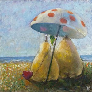 Quince Painting Fruit Original Art Contemporary Seascape 14 by 14 Inches Beach  Oil Painting Modern Artwork by Olga Vedyagina