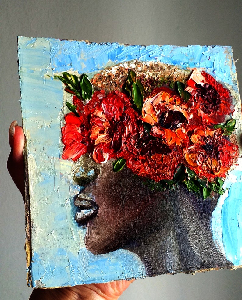 Black American Woman Portrait Painting Poppy Original Art 6 by 6 İnches Floral Oil Painting Faceless Wall Art by Olga Vedyagina image 8