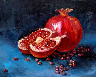 Pomegranate Painting Frui Original Art 8 by 12 Inches Impasto Oil Painting on Canvas