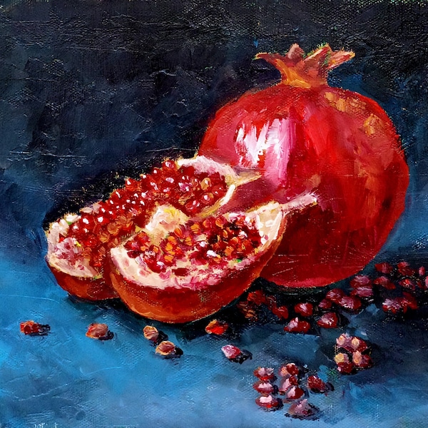 Pomegranate Painting Frui Original Art 8 by 12 Inches Impasto Oil Painting on Canvas