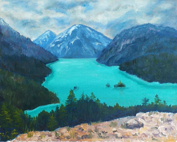 油絵 木枠付キャンバス 大 風景画 山 湖水 絵画